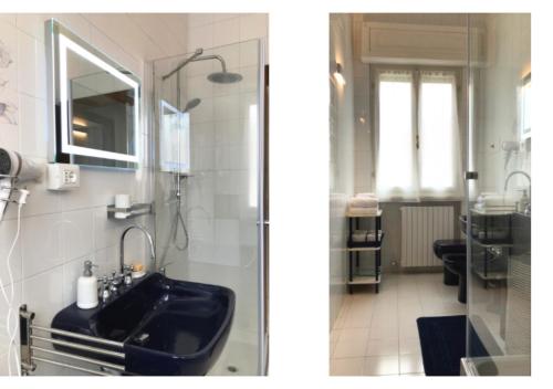 佩斯基耶拉德加达Appartamento 2, Villa Magnolia, 64mq, Lago di Garda的浴室设有黑色水槽和镜子