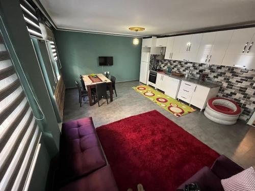 贝莱克FERIENWOHNUNG-HOLIDAY APARTMENT-KVARTIRA internet free的客厅配有桌子和红色地毯