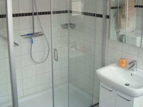 策勒Wachholz, Ferienwohnung的一间带玻璃淋浴和水槽的浴室