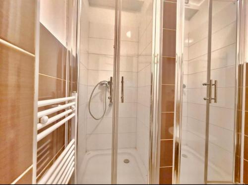 萨格勒布BISHNU HOSTEL的浴室里设有玻璃门淋浴