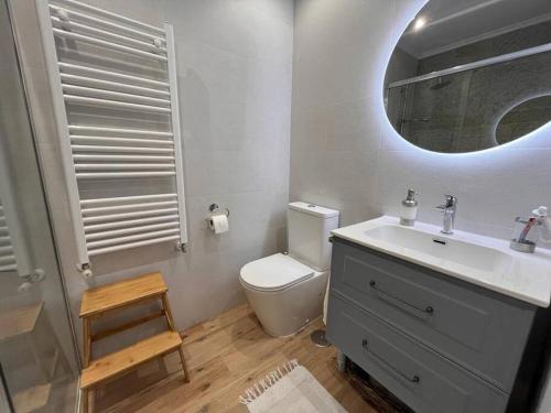 柯米拉斯Los Girasoles的一间带卫生间、水槽和镜子的浴室