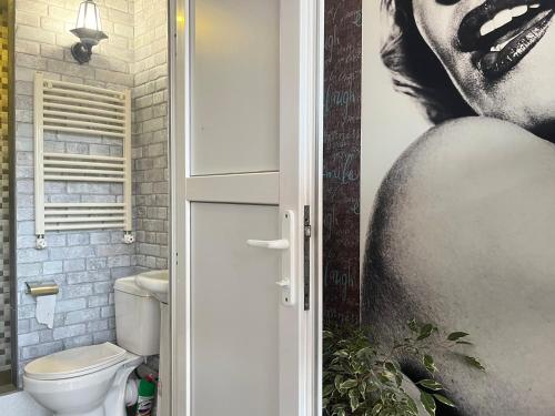 塞凡Lake Sevan Hostel的一间带卫生间的浴室和一张女用海报