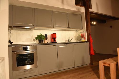 乌姆基希Kleines Ferienhaus in Umkirch的厨房配有白色橱柜和烤箱。