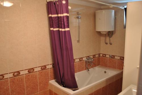 普拉Old Town Uspon的一间带紫色淋浴帘浴缸的浴室