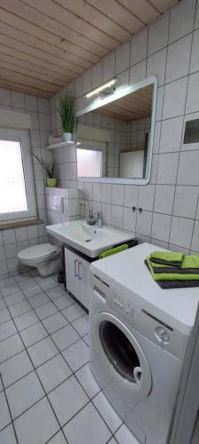 JettingenGemütliche Ferienwohnung am Schwarzwaldrand的一间带洗衣机和水槽的浴室