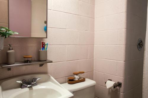 蒂明斯Residence & Conference Centre - Timmins的一间带水槽、卫生间和镜子的浴室