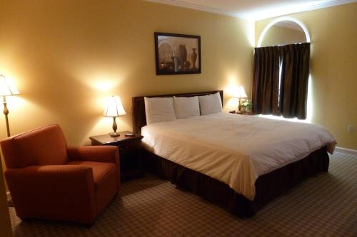 格林斯堡山景宾馆的配有一张床和一把椅子的酒店客房
