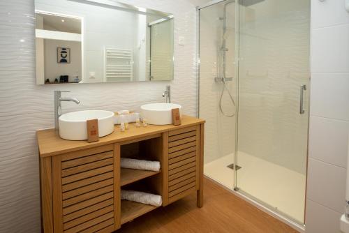 奥雷龙圣皮耶尔广场酒店的一间带水槽和淋浴的浴室