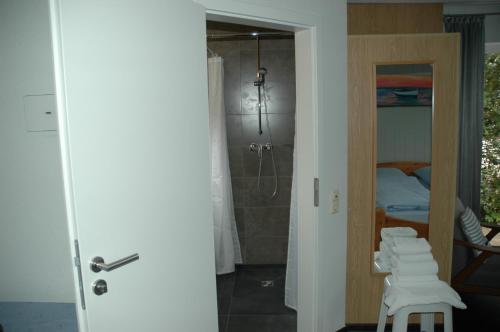 卡珀尔恩卡培尔纳霍夫酒店的客房设有带淋浴和椅子的浴室