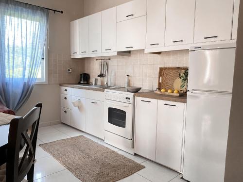 达西亚卡洛迪斯公寓的厨房配有白色橱柜和白色冰箱。