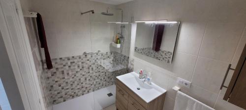 里贝拉Palmeira的浴室配有盥洗盆、淋浴和盥洗盆。