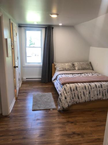康沃尔Entire detached 3-bedrooms cute home in Cornwall area的一间小卧室,配有两张床和窗户