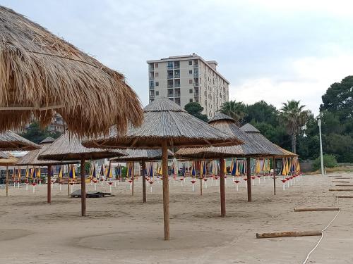 蒙特西尔瓦诺Dimora Sul Mare的海滩上的一帮草伞