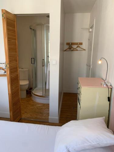 滨海图维列La Maison de la Plage的带淋浴、卫生间和镜子的浴室