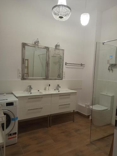 莱格尼察Apartament PAPROTKA 100m的一间带两个盥洗盆和洗衣机的浴室