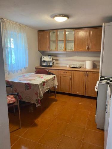 克卢日-纳波卡Casa Ionela的厨房配有桌子和冰箱