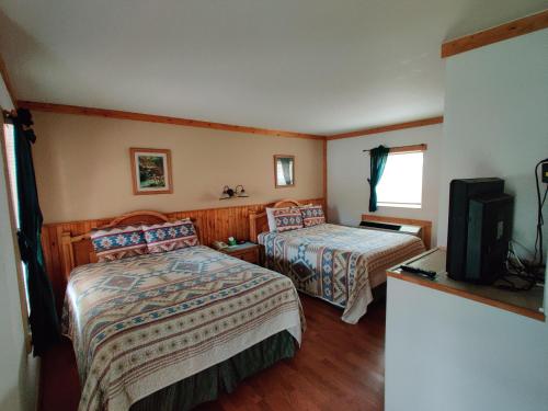 马吉谷Smoky Falls Lodge的酒店客房设有两张床和电视。
