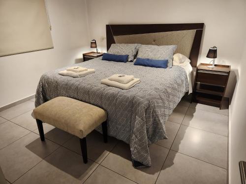门多萨Apartamento Deluxe Senderos del Vino II, desayuno Opcional的一间卧室配有一张床,上面有两条毛巾