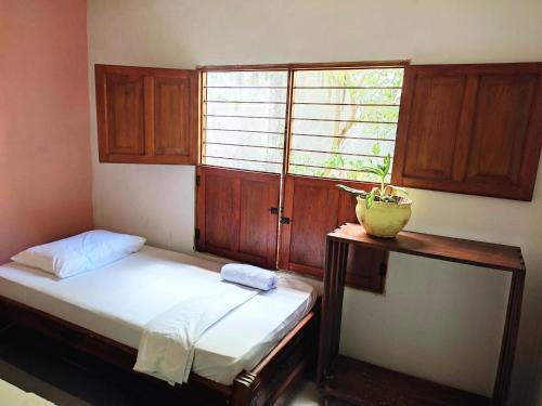MompósHostal Casa La Candelaria的一间卧室,配有一张床和一扇桌子上种植植物的窗户