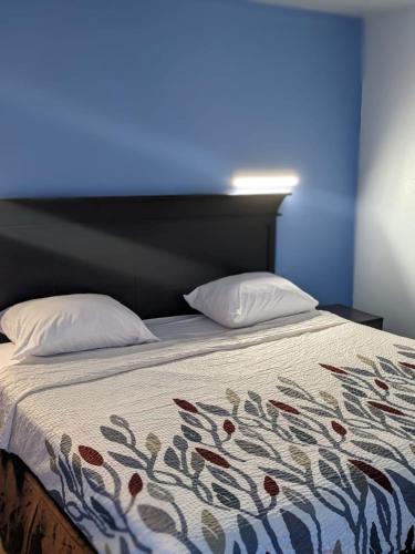 亚历山德里亚Budget Inn Alexandria的一张带两个枕头和蓝色墙壁的床