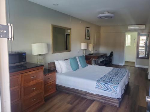 大熊湖OMEO Suites Big Bear的一间卧室配有一张床、一张书桌和一台电视