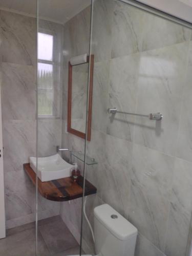 佩洛塔斯Pousada das Palmeiras的带淋浴、卫生间和盥洗盆的浴室