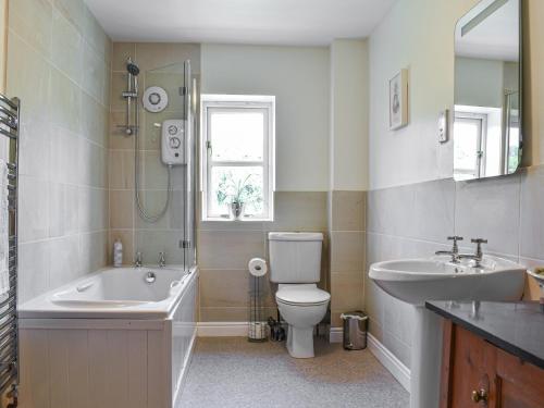 Westbury-sub-MendipPoplar Farm Cottage的一间带水槽、卫生间和淋浴的浴室