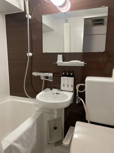 仙台仙台东橘子酒店的一间带水槽、卫生间和镜子的浴室