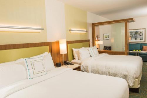 威廉斯维尔万豪布法罗机场春季山丘套房酒店的酒店客房,设有两张床和镜子