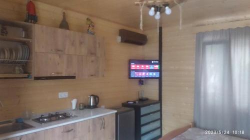 K'edaCottage house的一间带炉灶的厨房和一台墙上的电视
