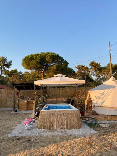 GrgomičićEstera Tent的一个带遮阳伞和帐篷的游泳池