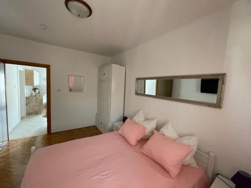 茨里克韦尼察Apartment Kati的卧室配有粉红色的床和镜子