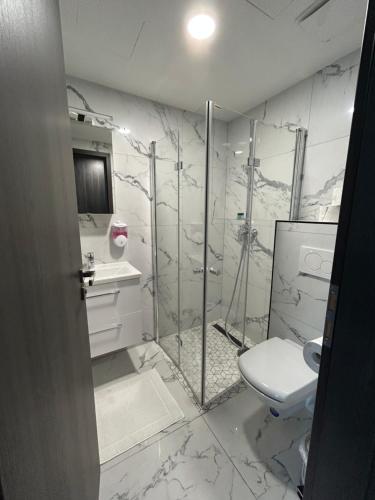 希欧福克Villa Bauhaus Dream Deluxe的带淋浴、卫生间和盥洗盆的浴室