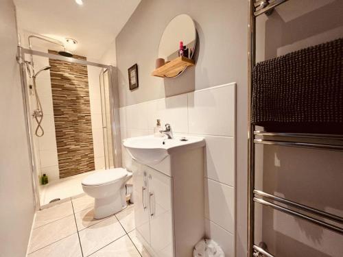 林肯Cosy cottage four miles from Lincoln city centre的浴室配有卫生间、盥洗盆和淋浴。
