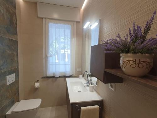 圣温琴佐Lecci al Mare的一间带水槽和卫生间的浴室以及窗户。