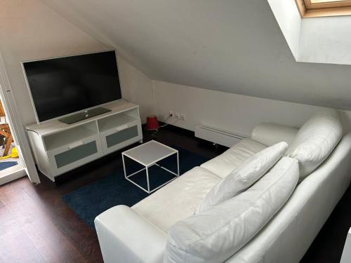 卢塞恩M-Hostel的客厅配有白色沙发和平面电视。