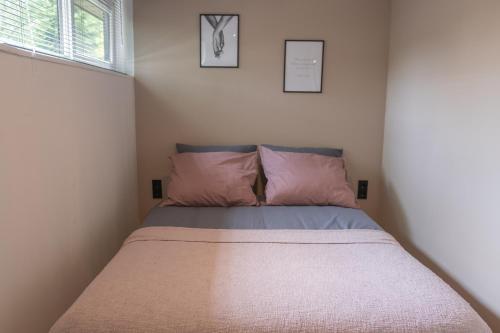 拉纳肯't Bunga huiske的小房间的一个床位,配有两个粉红色枕头