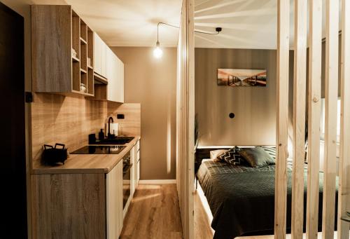 锡萨克Black Velvet Apartman的一间小厨房,内设一张床和一个水槽