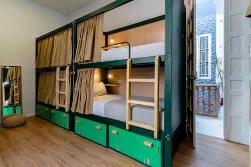 马拉加The Urban Jungle Hostel的客房设有带两张双层床的绿色双层床。