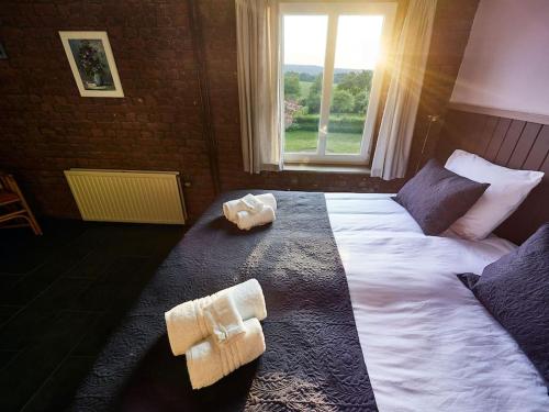 费伦Het mooiste uitzicht-De Oogappel的一间卧室配有一张大床和毛巾