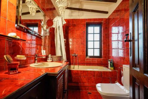 阿约伊阿波斯托洛伊Sonia Rustic Mansion - 5bd 30 Sec Walk To Beach的红色瓷砖浴室设有浴缸和水槽