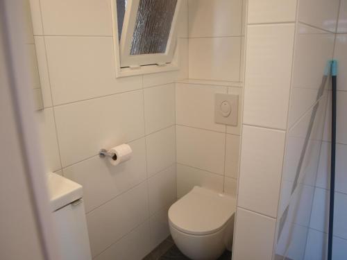 佐特兰德Appartement ,Vakantiewoning, Koddelaan 29的白色的浴室设有卫生间和窗户。
