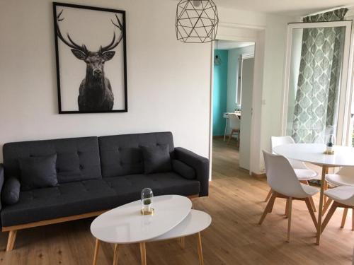 蒙圣埃尼昂Chambre dans appartement lumineux的客厅配有黑色沙发和2张桌子