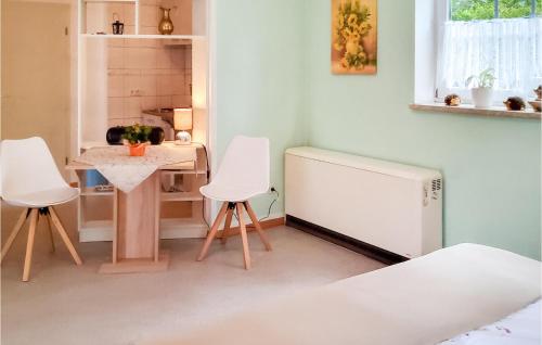KleingießhübelCozy Apartment In Bad Schandau- Kleing, With Wifi的厨房配有2把白色椅子和1张桌子以及冰箱