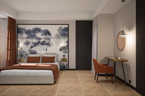 卡拉库恰Grand Hôtel de la Scala的一间卧室配有一张壁画大床
