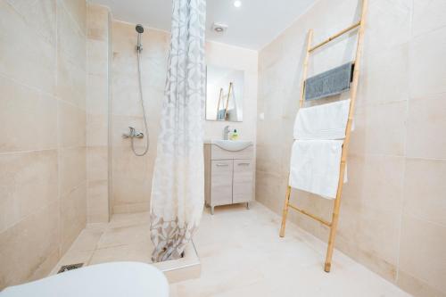 尼亚米卡尼奥纳Seashell Guesthouse的带淋浴和盥洗盆的浴室