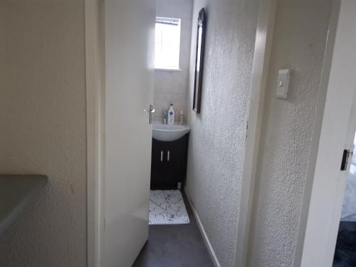 约翰内斯堡Falklands Guest House的一间带水槽和镜子的小浴室