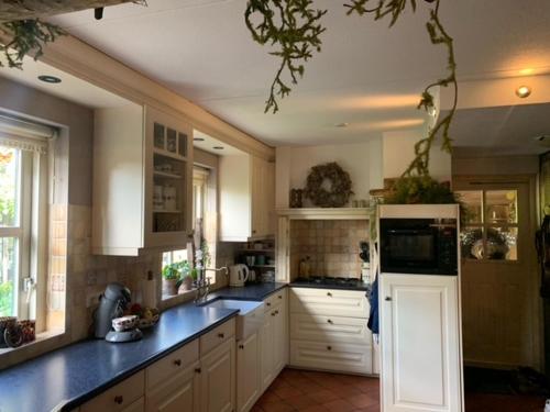 GeesterenB&B Erve Möskert的厨房配有白色橱柜和蓝色台面