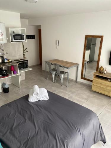 罗萨里奥Hermoso Monoambiente en Rosario的一间卧室配有一张床,上面有两条毛巾