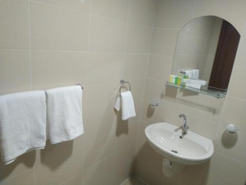 安曼Rayan Hotel Suites的白色的浴室设有水槽和镜子